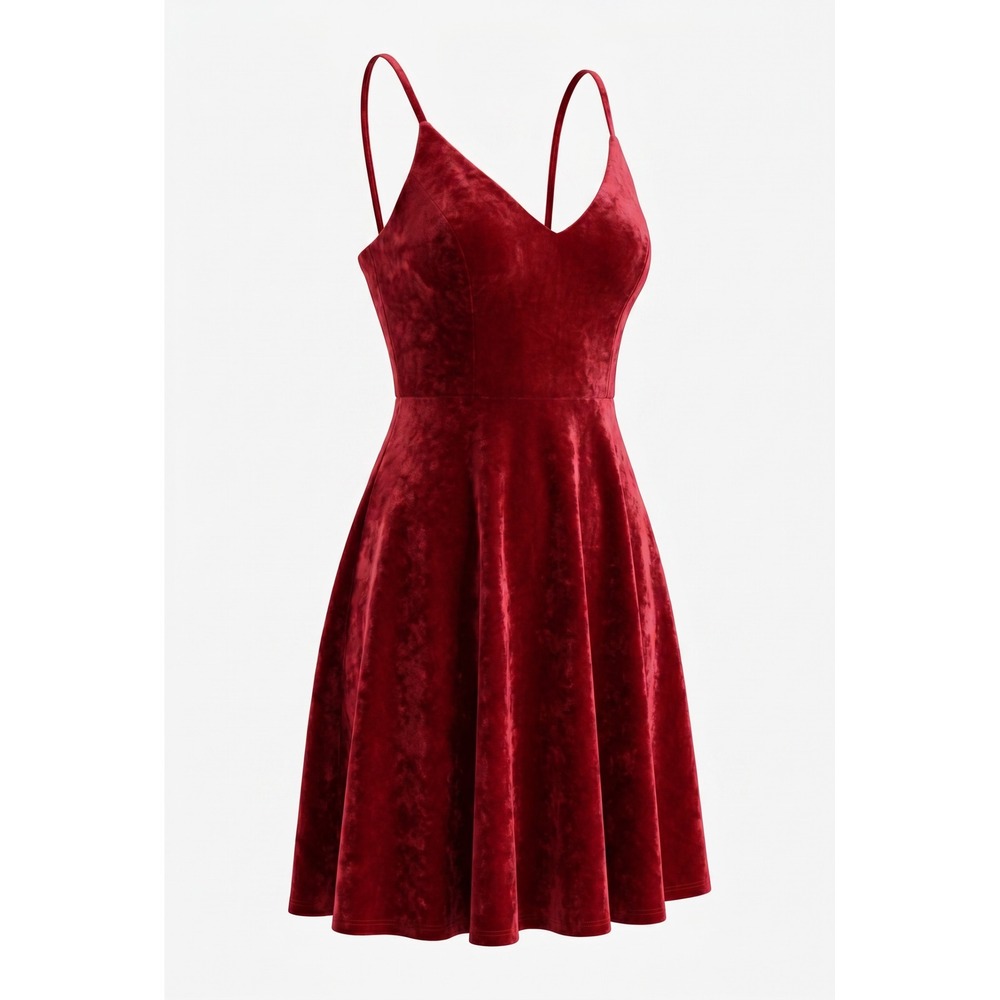 Forever 21 Red Crushed Velvet Skater Mini Dress V-Neck Spaghetti Strap Small